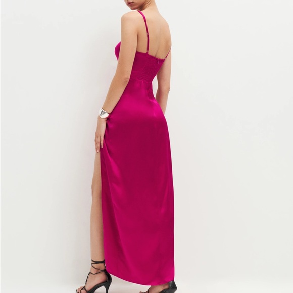 Reformation Solay Silk Dress Rhubarb Wedding Guest Dress - Picture 5 of 7